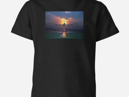 Super Airbus A380 Landing During Sunset Designed Children T-Shirts For Cheap