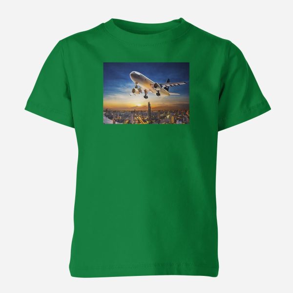 Super Aircraft over City at Sunset Designed Children T-Shirts For Sale