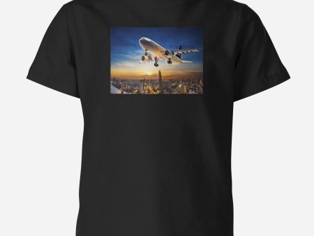 Super Aircraft over City at Sunset Designed Children T-Shirts For Sale