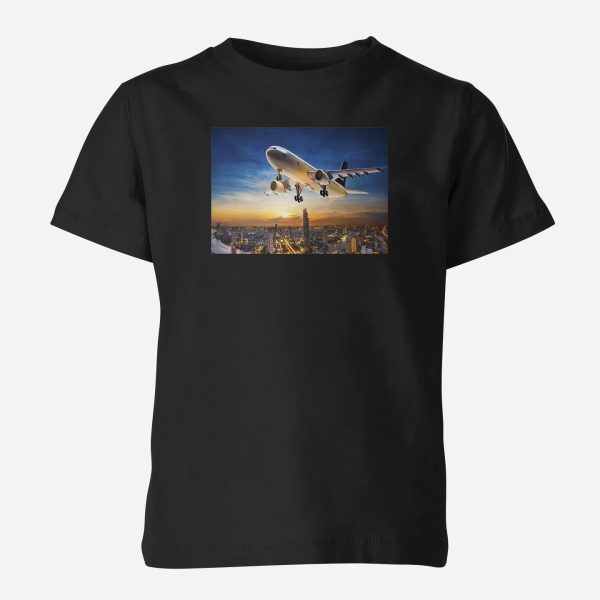 Super Aircraft over City at Sunset Designed Children T-Shirts For Sale